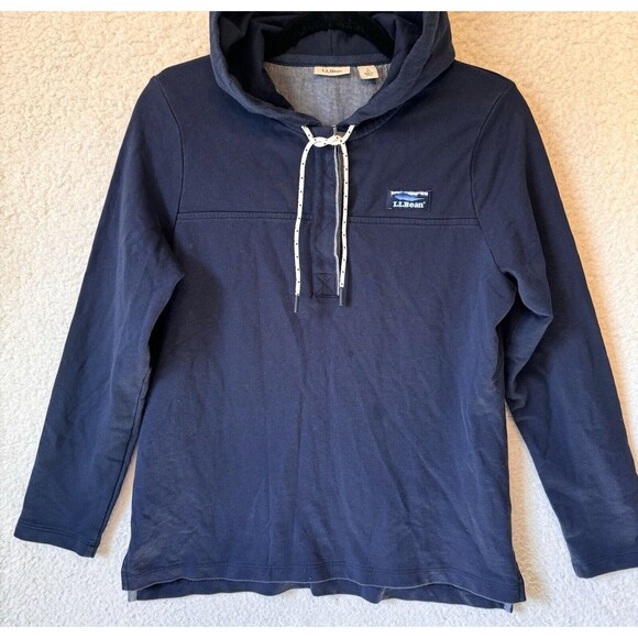 LL Bean Womens 1/4 Button Up Hoodie Pullover Size Small Pet 504299‎ Navy - Picture 2 of 12